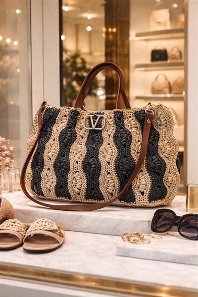 Valentino Model Napoli Rafya El Örgüsü Çanta - Çift Askılı