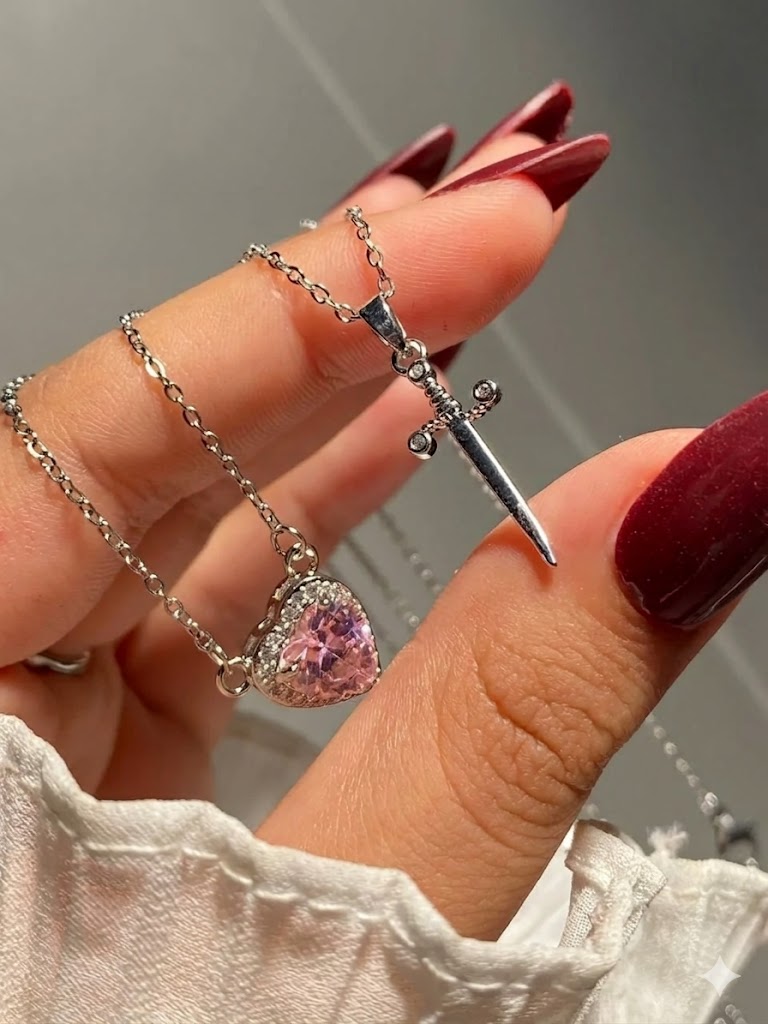 Çelik çift kolye seti,kalp ve kılıç kolye,316L paslanmaz çelik takı,sevgili kolyeleri,antialerjik kolye.