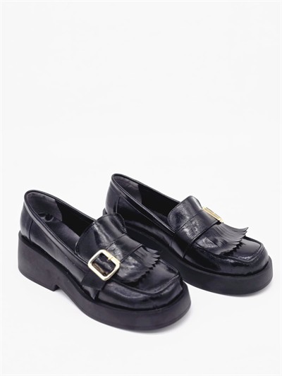 LUVESTA Black Glossy Fringe Chunky Loafer