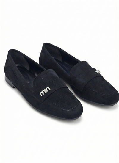 Luvestashoes Siyah Süet Taş Logolu Minimal Günlük Şık Babet