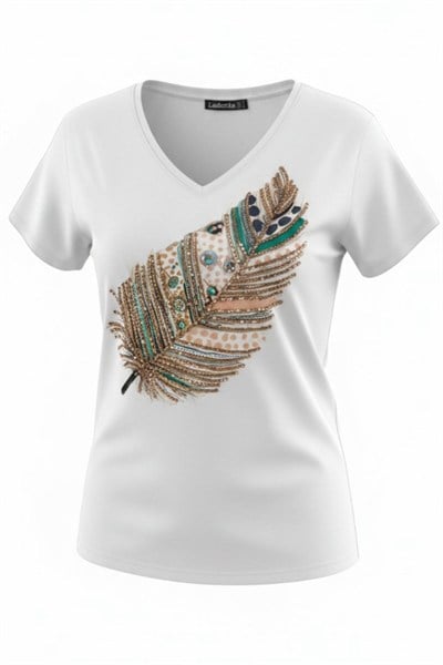Büyük Yaprak Baskılı Boncuklu T-shirt