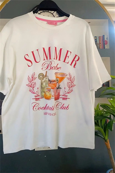 Summer Babe Baskılı Beyaz Kadın Tişört - %100 Pamuklu Yazlık Oversize