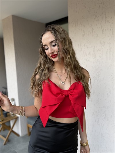  Charlie Önü Fiyonklu Crop Top Bluz Kırmızı