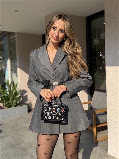  Cora Kendinden Kemeerli Blazer Elbise Gri