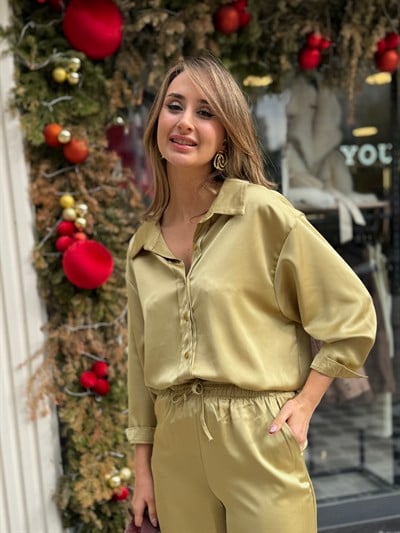 Elera Saten Gömlek Pantolon Takım Yeşil 