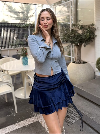  Luna Kadife Volanlı Mini Etek Lacivert