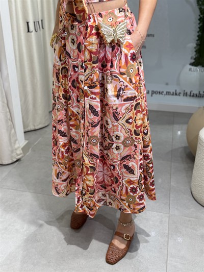 Adelina Desenli Önü Bağlamalı Crop Etek Takım 