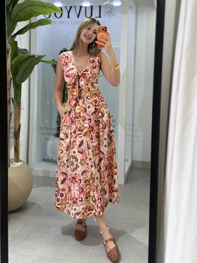 Adelina Desenli Önü Bağlamalı Crop Etek Takım 