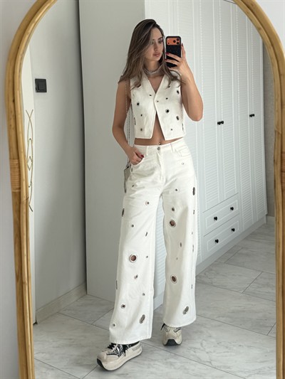 Alina Delikli Yelekli Pantolon Takım Beyaz