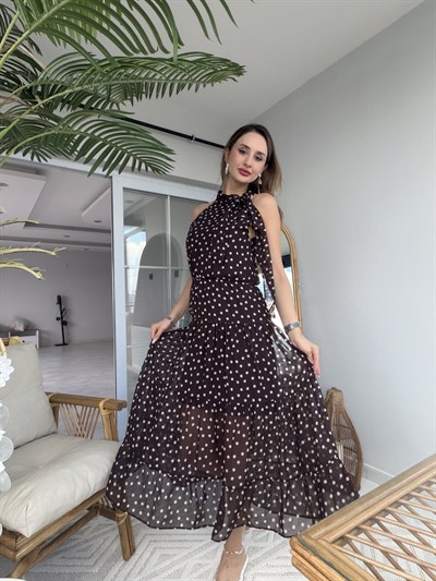 Anna Puantiye Desenli Bel lastikli Boyundan Bağlamalı Elbise Kahverengi
