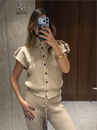 Balerina Yelekli Triko Takım Bej