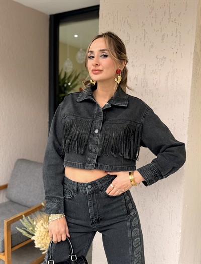 Banne Füme Yakası Manşeti Taşlı Püsküllü Crop Jean Ceket