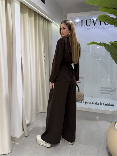 Bella Kuşaklı Ceket Pantolon Kimono Takım Kahverengi