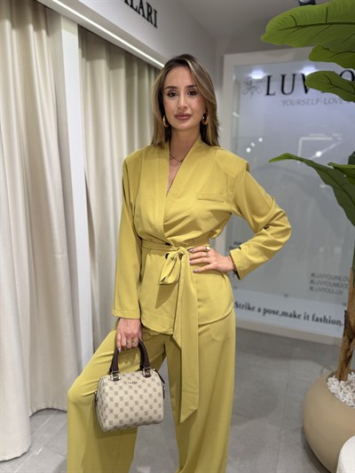 Bella Kuşaklı Ceket Pantolon Kimono Takım Yeşil