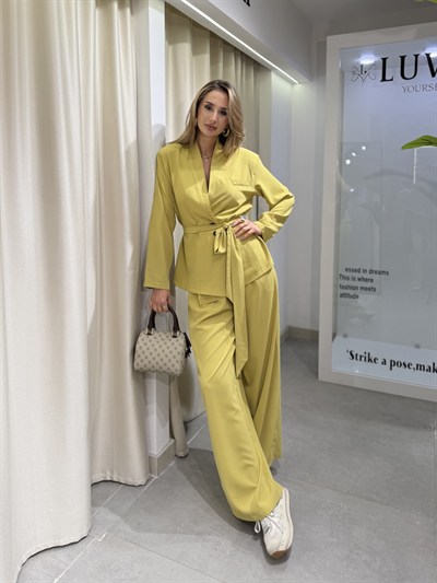 Bella Kuşaklı Ceket Pantolon Kimono Takım Yeşil
