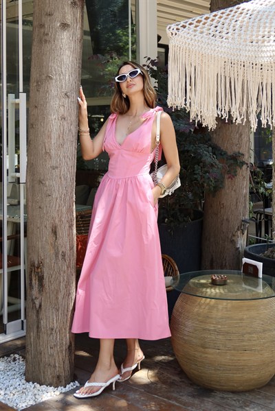 Bloom Bağlamalı Dantel Detay Midi Boy Elbise Pembe