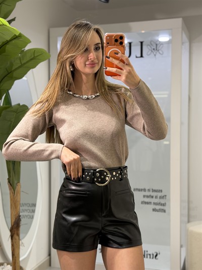Bloom Kendinden Kemerli Deri Şort Siyah