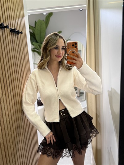 Brice Çift Fermuarlı Peluş Hırka Krem
