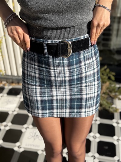 Delux Kendinden Kemerli Mini Etek Mavi-Ekru