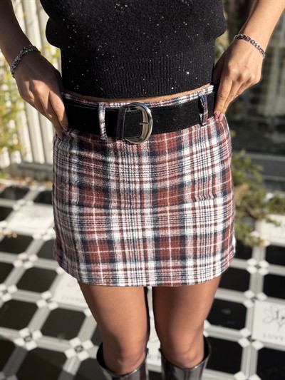 Delux Kendinden Kemerli Mini Etek Taba-Ekru