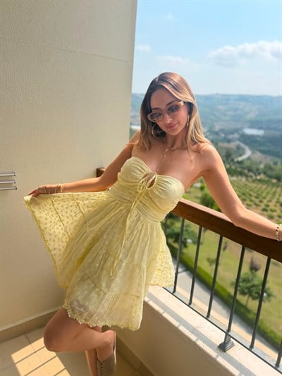 Desty Güpürlü Mini Elbise Sarı