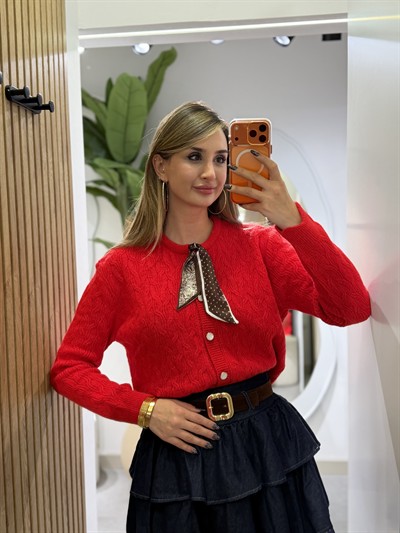 Diana Fularlı Örgü Model Hırka Kırmızı