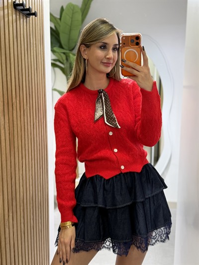 Diana Fularlı Örgü Model Hırka Kırmızı