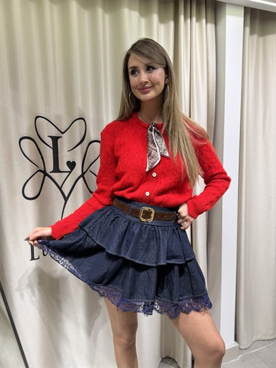 Diana Kendinden Kemerli Fransız Dantelli Denim Etek 