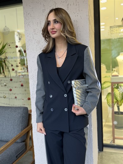 Duka Kolları Şeritli Blazer Ceket Lacivert