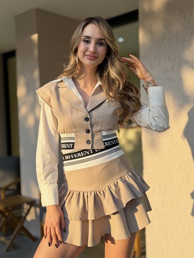 Emily Bel Lastikli Fırfırlı Etekli Takım Bej
