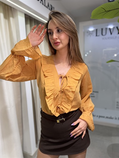 Eros Önü Fırfır Bağcık Detaylı Gömlek Turuncu 
