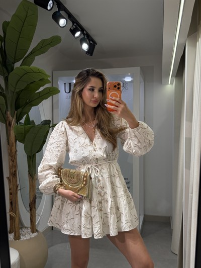 Kate Bel Lastikli Yaprak İşlemeli Keten Elbise Ekru