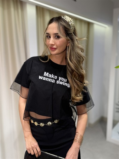 Kedric Tül Detaylı Crop T-shirt Siyah