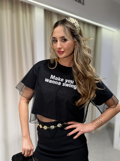 Kedric Tül Detaylı Crop T-shirt Siyah