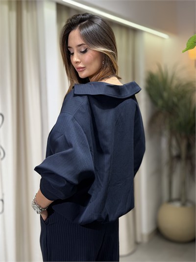 Lena Broş Detay Çizgili Ceket Pantolon Takım Lacivert