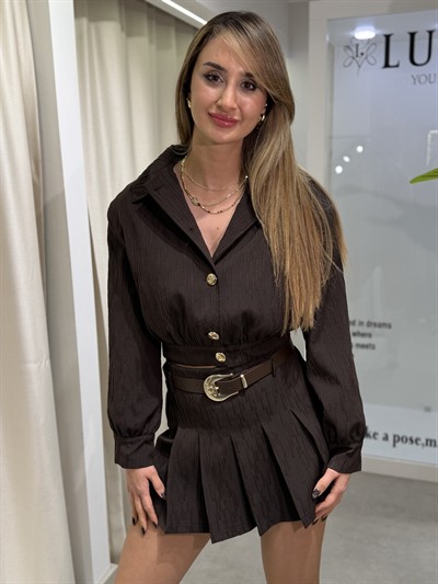 Lexi Crop Ceket Kemerli Etek Takım Kahverengi