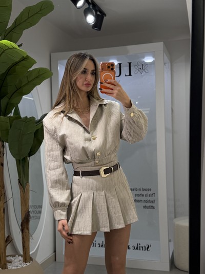 Lexi Crop Ceket Kemerli Etek Takım Taş