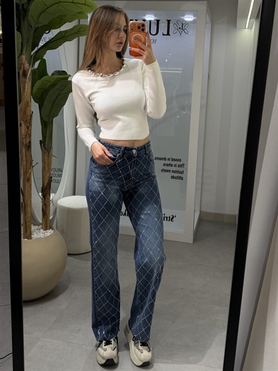 Lola Baklava Desen Taşlı Jean Lacivert