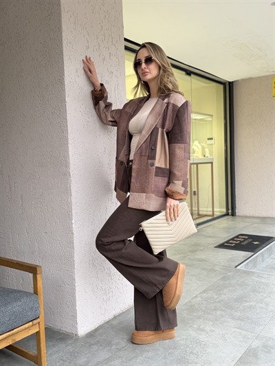 Loris Ekose Desen Blazer Ceket Kahverengi