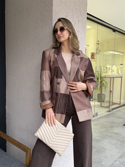 Loris Ekose Desen Blazer Ceket Kahverengi