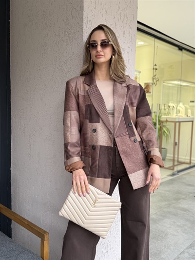 Loris Ekose Desen Blazer Ceket Kahverengi