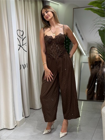 Maria Taşlı Havuç Kesim Pantolon Kahverengi 