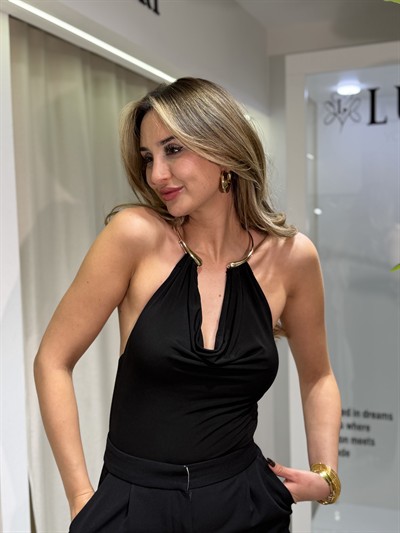 Meryy Gold Boyunluk Detaylı Bodysuit Siyah