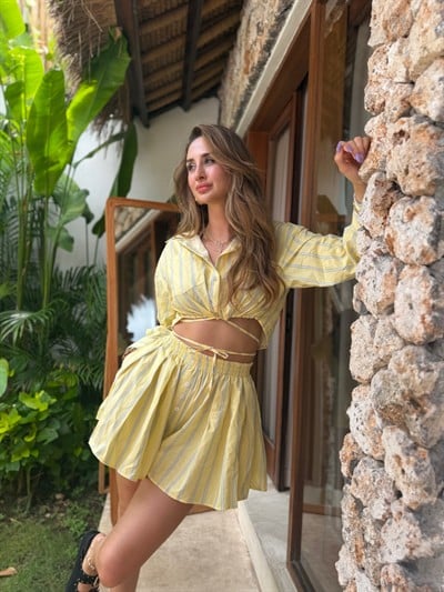 Monika Çizgili Crop Gömlek Şort Etek Takım 