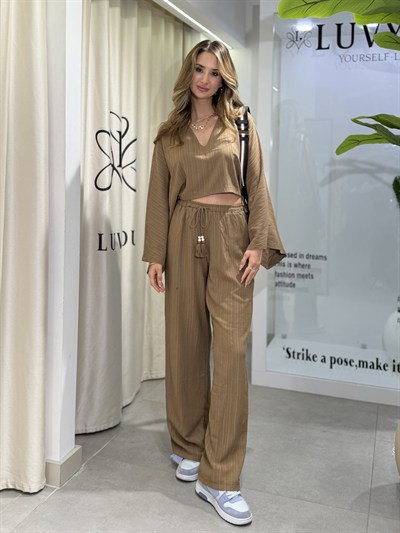 Natalia Yarasa Kol Bluz Pantolon Takım Kahverengi 