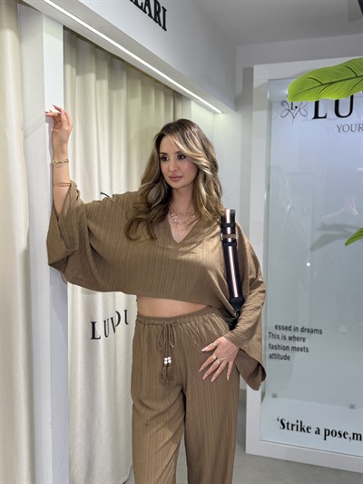 Natalia Yarasa Kol Bluz Pantolon Takım Kahverengi 