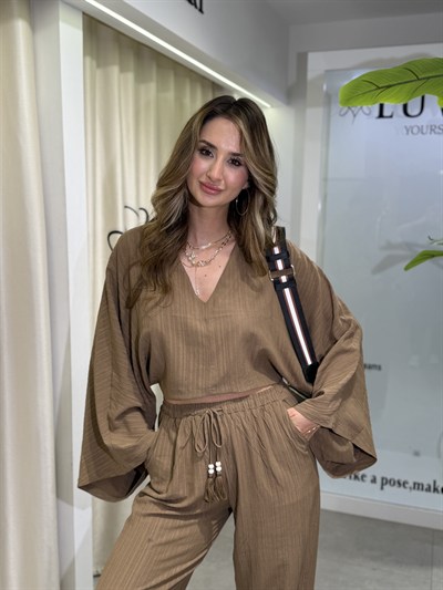 Natalia Yarasa Kol Bluz Pantolon Takım Kahverengi 