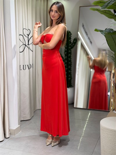 Olga Straplez Drape Detay Midi Boy Elbise Kırmızı 
