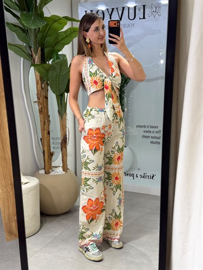 Olivia Desenli Crop Pantolon Takım 