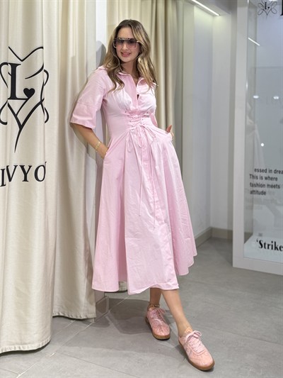 Otilla Bağcıklı Midi Boy Elbise Pembe